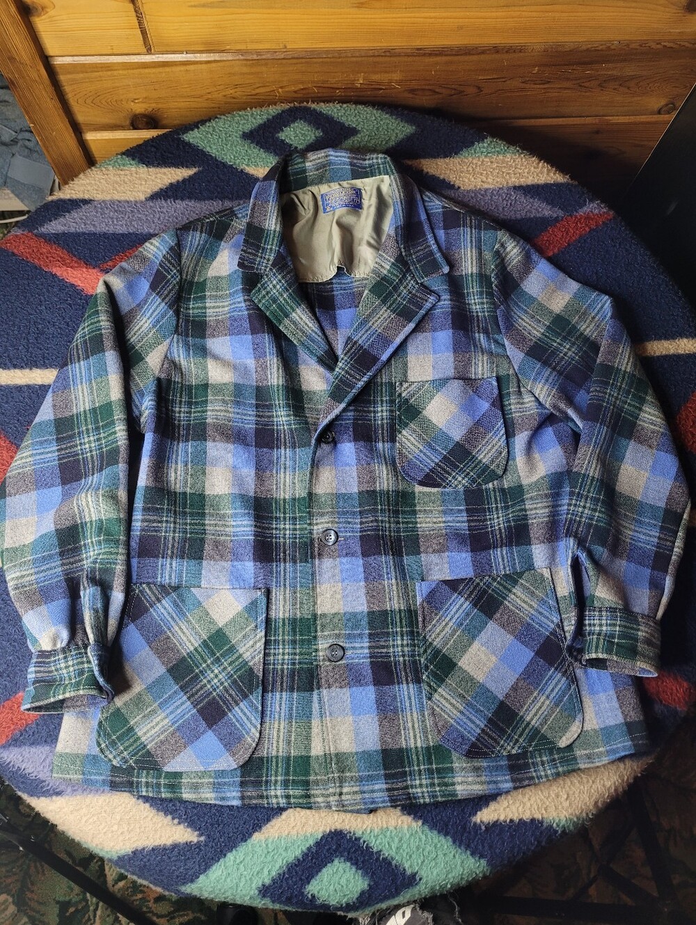 Vintage Pendleton Blazer Mens Large Blue Green Virgin Wool Plaid Button Jacket